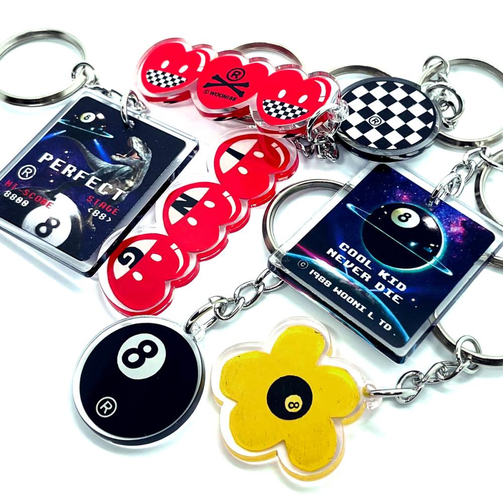 [ 우니88 X 키링 ] 양면 mini key ring. 우니88 X 미니 아크릴 키링 에잇볼 체커 하트 해바라기 공룡 에어팟 버즈 키링 가방 바지 열쇠 고리 유니크 소품 인테리어