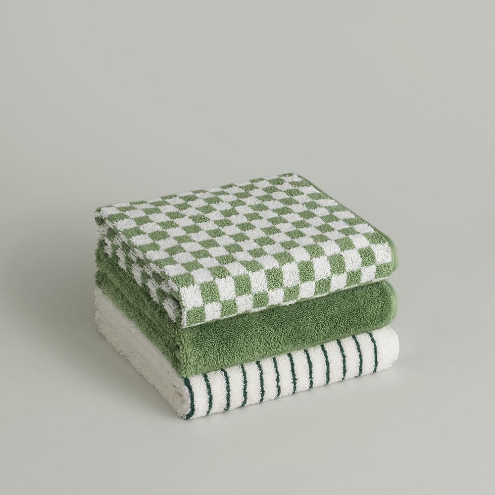 더 그란 | 페이스 타월 - 그린 스트라이프 & 세이지 & 세이지 체커보드 (3P)