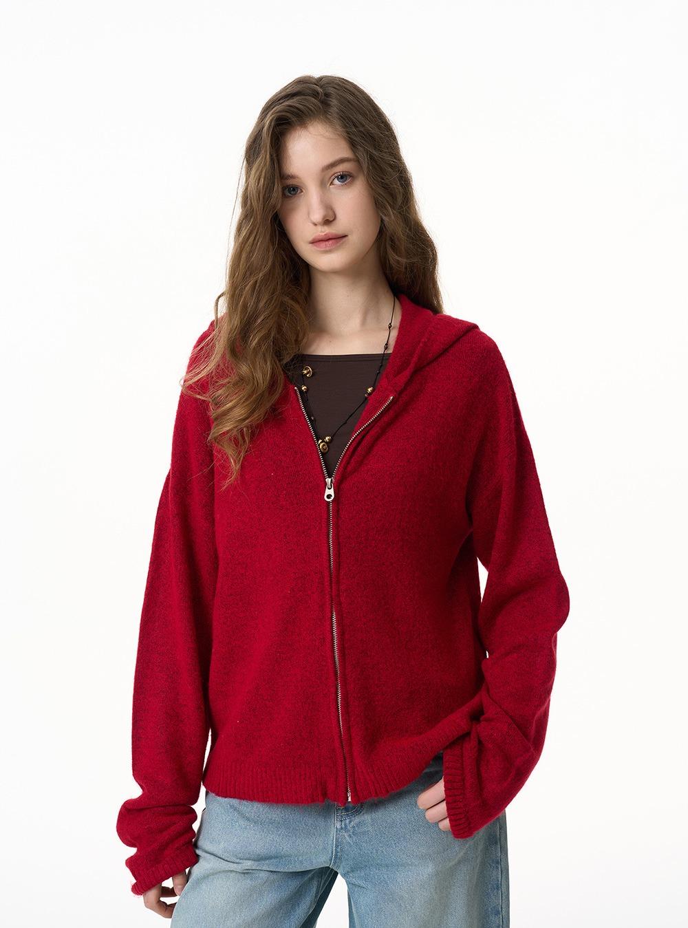 Velvet Red Hooded Zipper Knit Cardigan (2color)