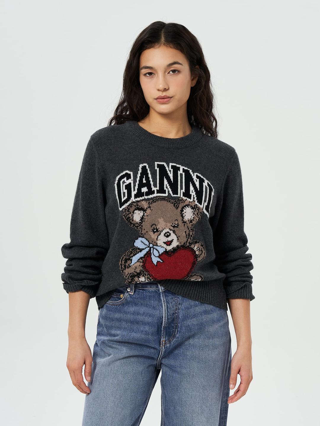 Graphic Wool Mix Bear Crewneck - Gray Quill