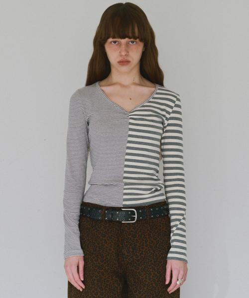 믹스드 패턴 티셔츠 [스트라이프 그레이]