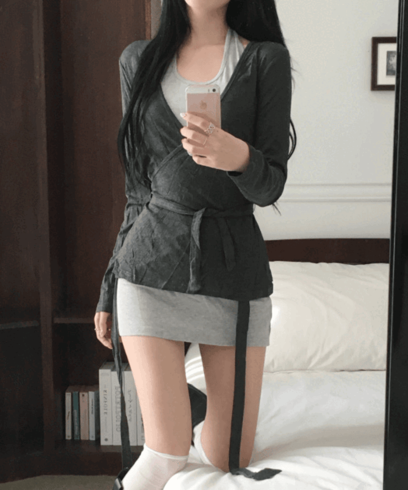 [원피스+가디건set] 하루 홀터넥 랩 가디건 미니원피스 set