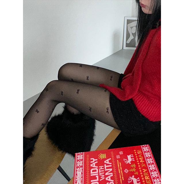 [1+1 구매시할인] Ribbon pattern black see-through stocking / 리본 패턴 블랙 시스루 스타킹