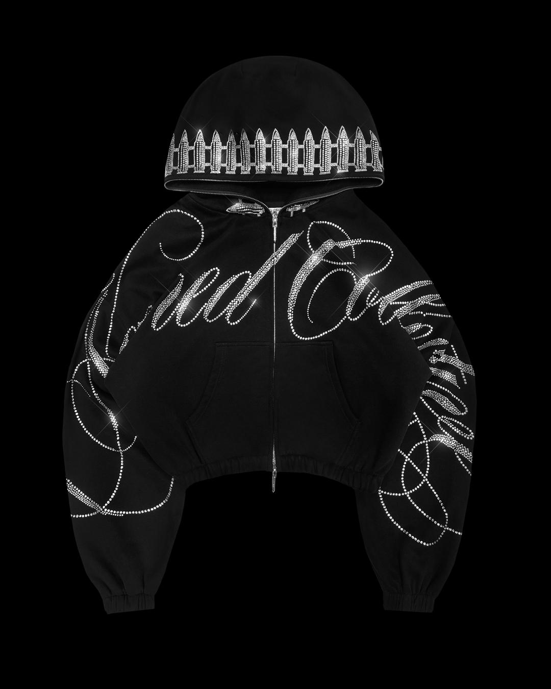 ENEMY RHINESTONE CROP ZIP HOODIE BLACK - XS