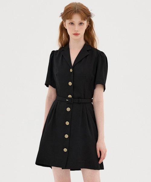 테일러드 카라 벨트 미니 원피스 하프 슬리브 베이직 블랙