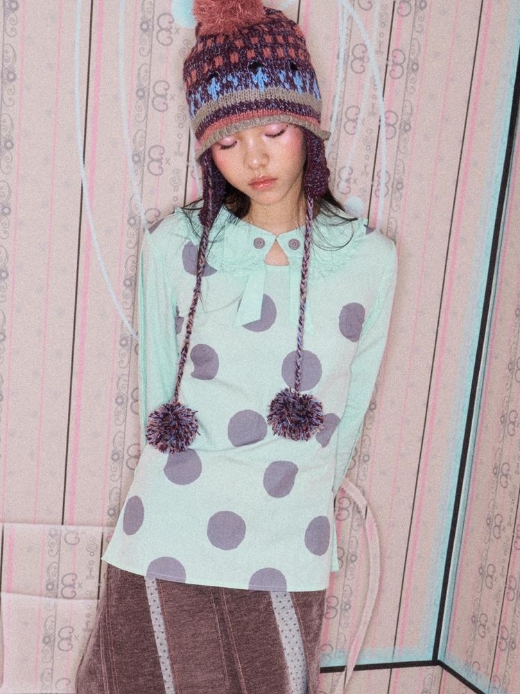 SassyLove Collared round neck polka dot tie waist two-way shirt