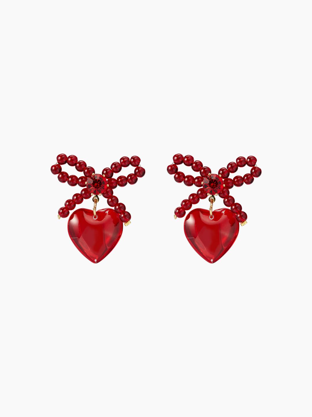 BEADED BOWKNOT & HEART DROP EARRINGS