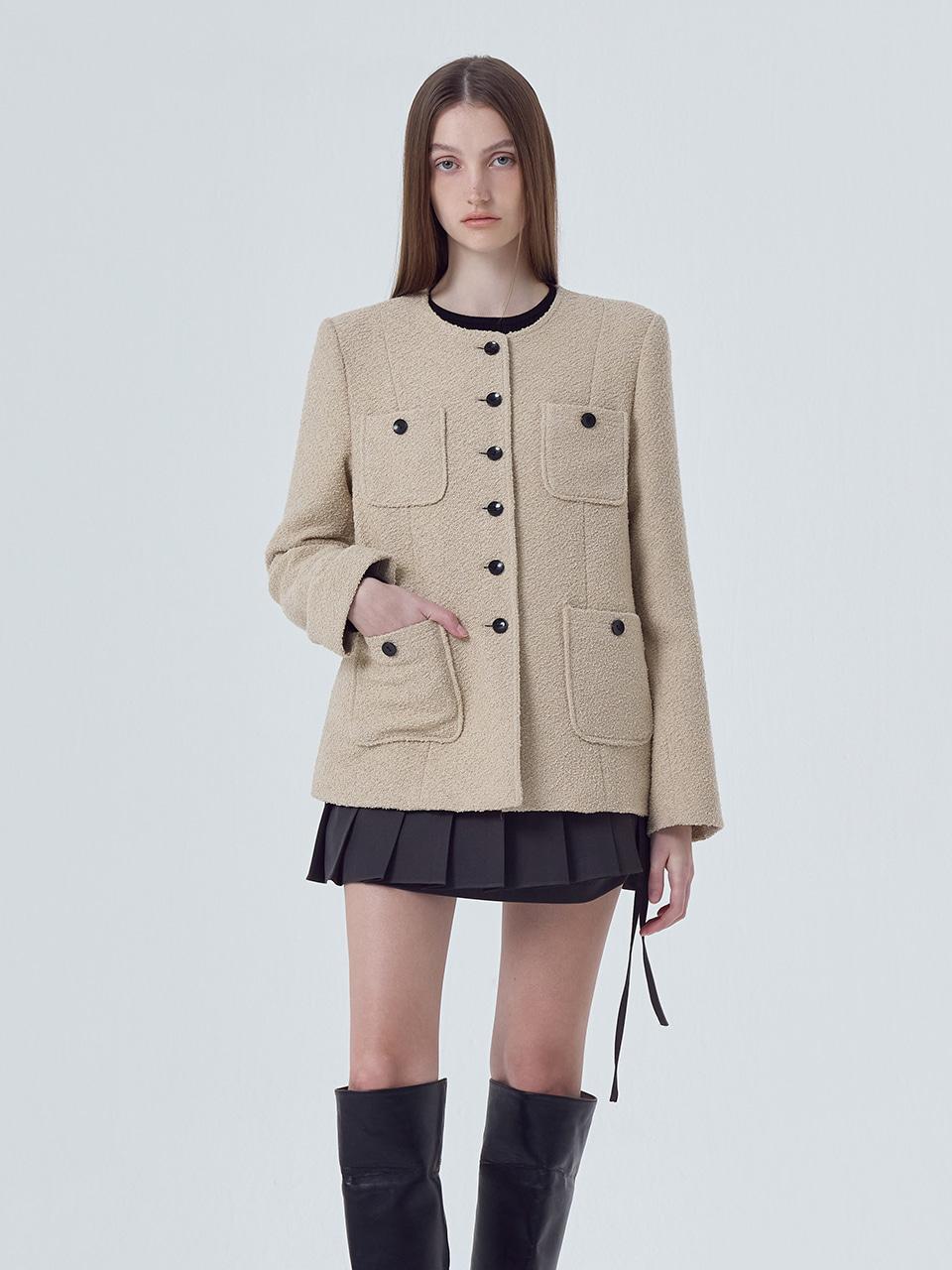 Pocket Boucle Tweed Jacket, Beige
