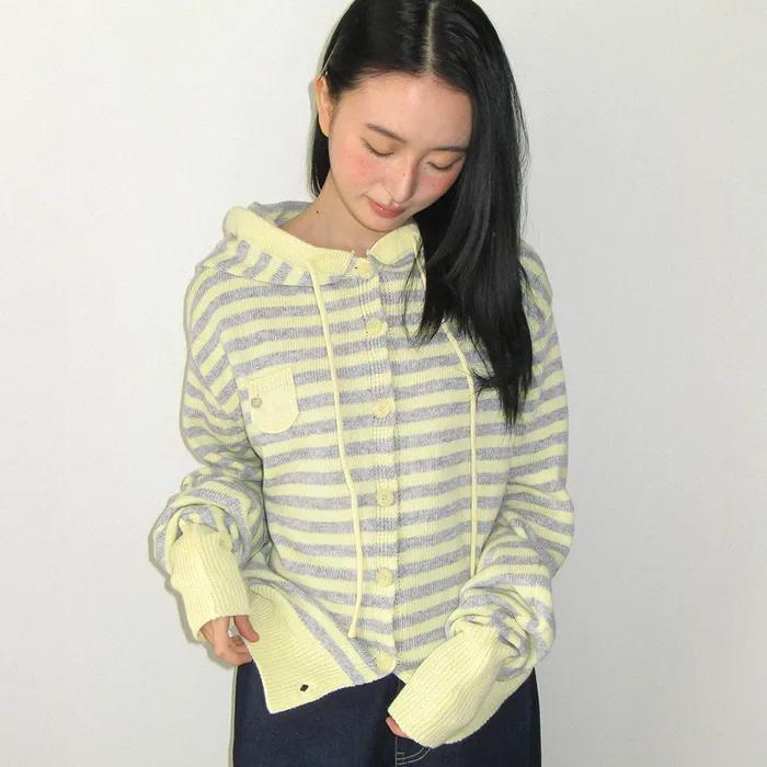 MINI POCKET HOODED KNIT CARDIGAN YELLOW STRIPE