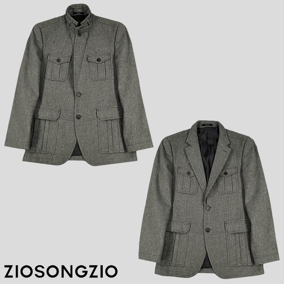 지오송지오 그레이 포포켓 어깨견장 네크비조 투버튼 투웨이 울100 모직 블레이저 자켓 M