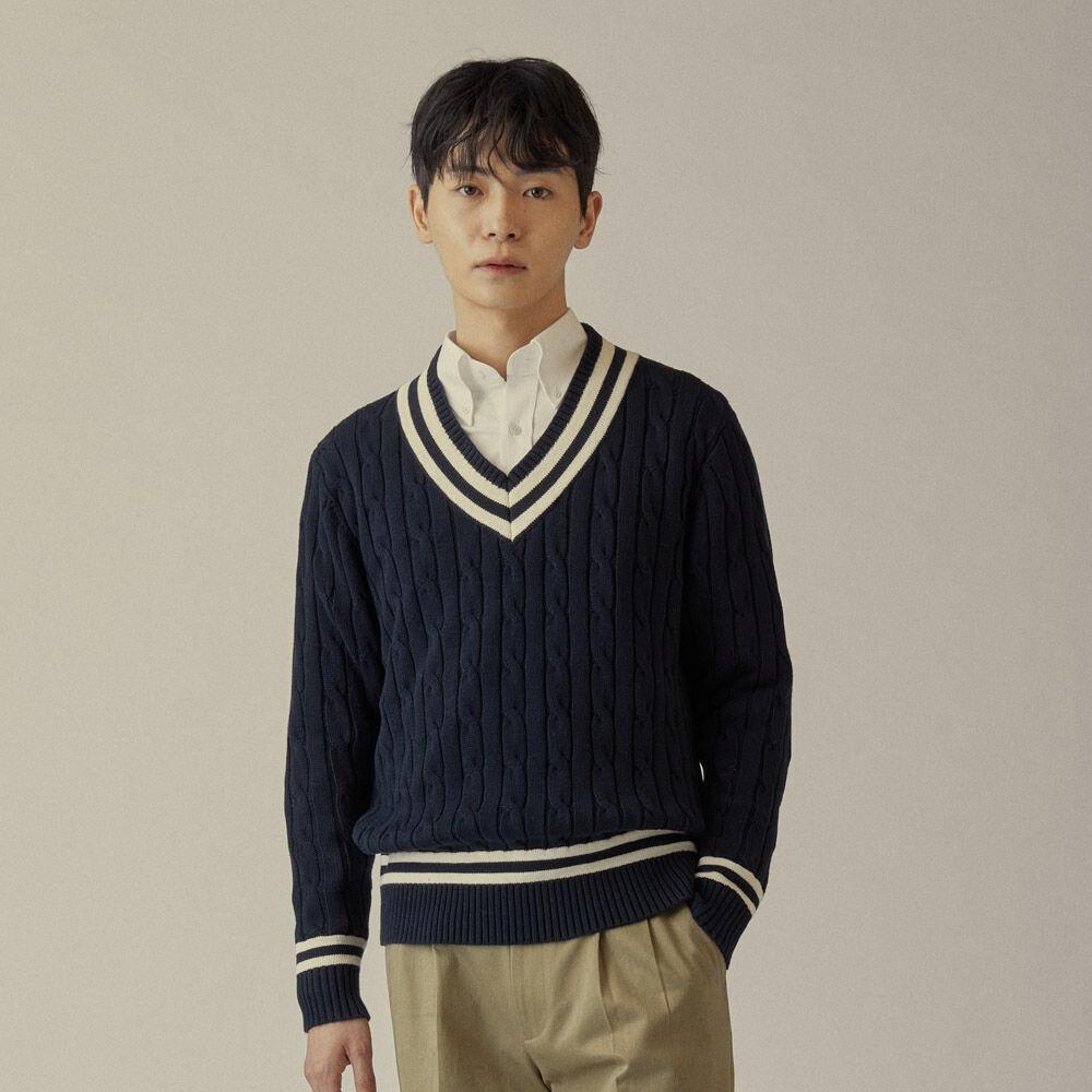 프레피 브이넥 긴팔니트 네이비