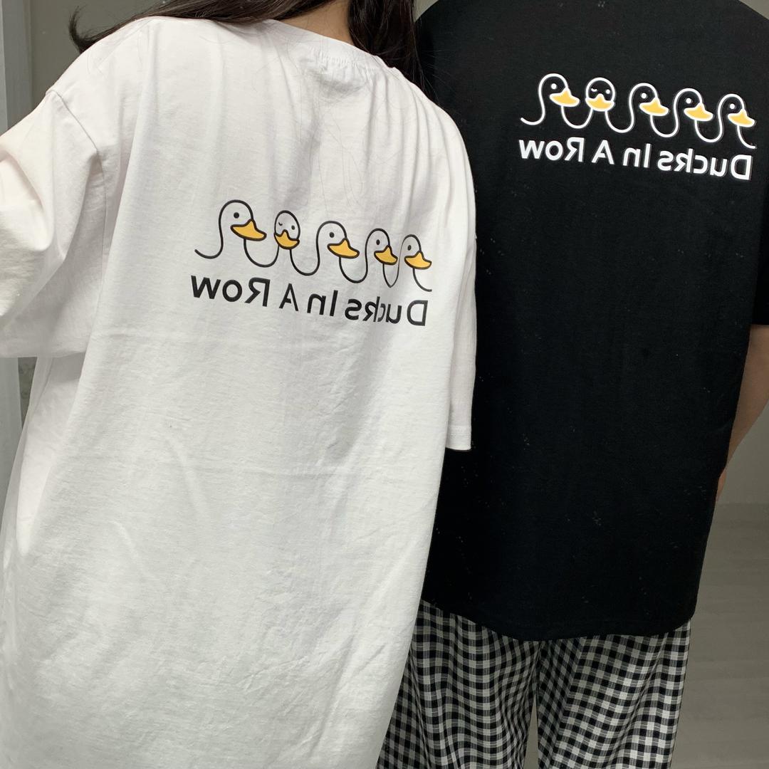 🚀당일출고[자체제작, 사계절] 활용도 좋은 오리 박스 반팔티셔츠 커플티 커플여행 오버핏 루즈핏 커플룩 반팔티 트레이닝 테디베어 잠옷세트 커플잠옷 데이트 빅사이즈 여름 사계절