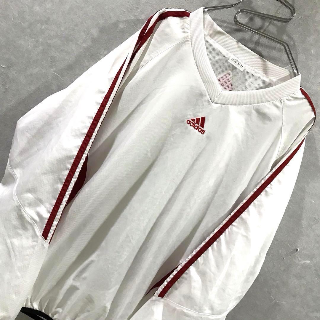 adidas ワンポイント プルオーバー ナイロンジャケット 白赤 L