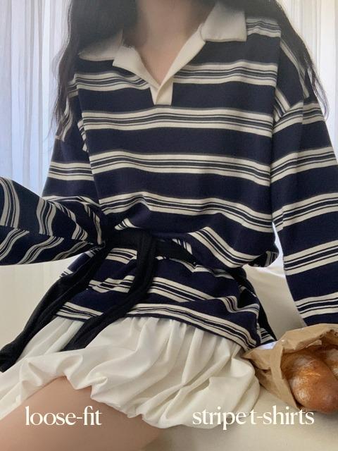 마이온샵 [프레피룩/간절기템] 베디 럭비 스트라이프 카라 티셔츠 (44~77반) (긴팔티셔츠-럭비티셔츠-루즈핏티셔츠-배색티셔츠-카라티셔츠-레이어드티셔츠-단가라티셔츠-줄무늬티셔츠)