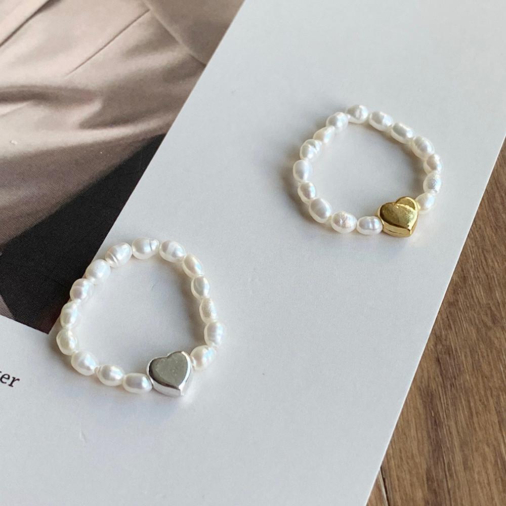 실버925 담수진주 비즈 하트 포인트 밴딩 반지 우정템 2color 실버 골드 프리사이즈