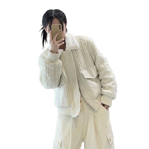 2컬러 퍼카라 배색 꽈배기 니트 패딩