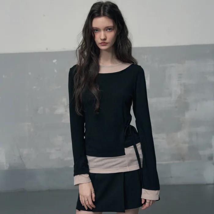 스트랩 언발란스 레이어드 롱슬리브 [BLACK]