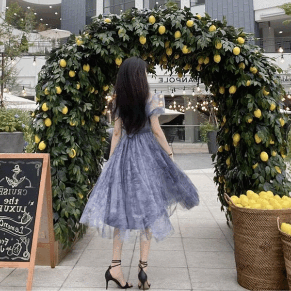 로맨틱 디오르 반팔 쉬폰 시수르 맥시 드레스 리본 끈 SET 퍼프 소매 봄 여름 가을 롱 원피스