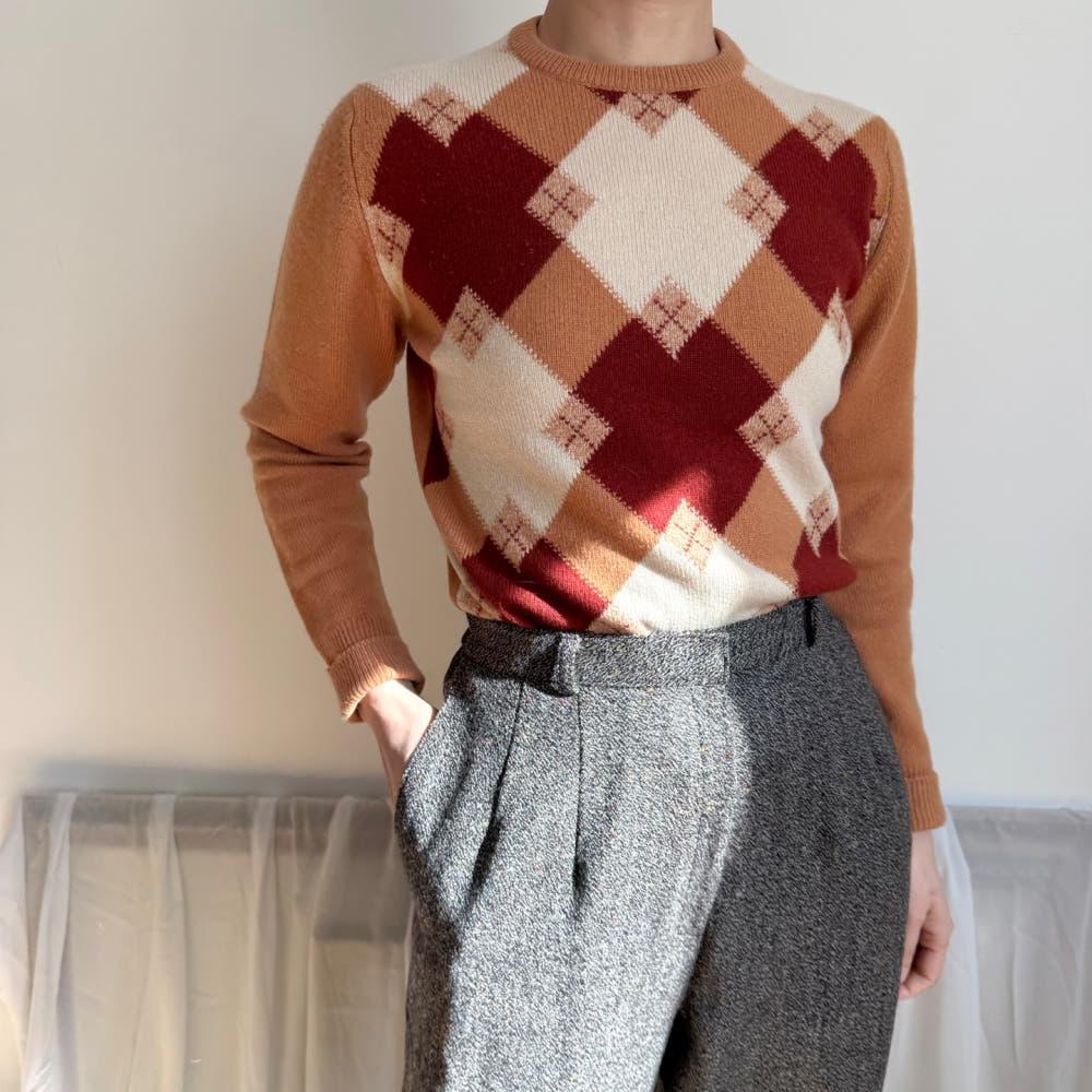 [중고] beige check cashmere knit