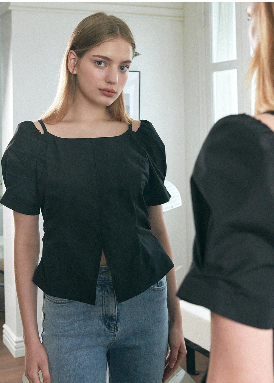 미케네 [44-120]  Felicity Puff Slit Blouse 펠리서티 퍼프 슬릿 블라우스 (여름/하객룩/격식룩/오피스룩/출근룩/데일리룩/데이트룩/페미닌/유니크/오프숄더/밴딩핀턱/셔링/빅사이즈/자체제작)