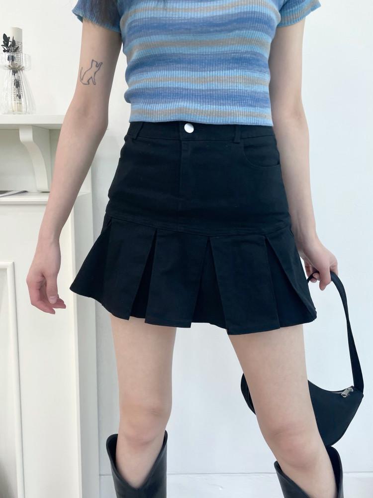 투버튼  a라인 하이웨스트 주름 미니 스커트