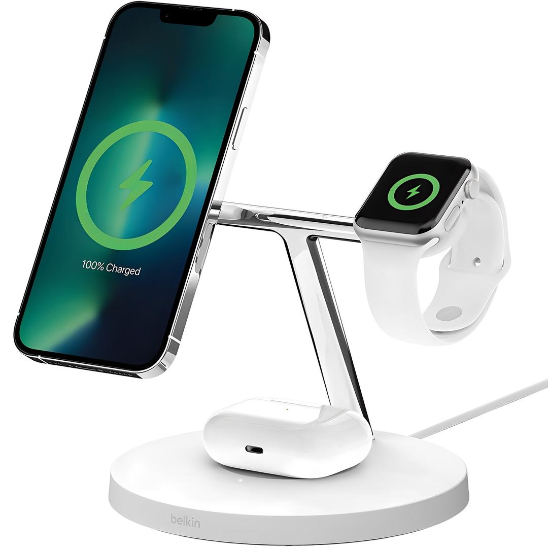 벨킨 부스트업 프로 3in1 맥세이프 15W 무선 충전 스탠드 WIZ017kr, 화이트, 1개