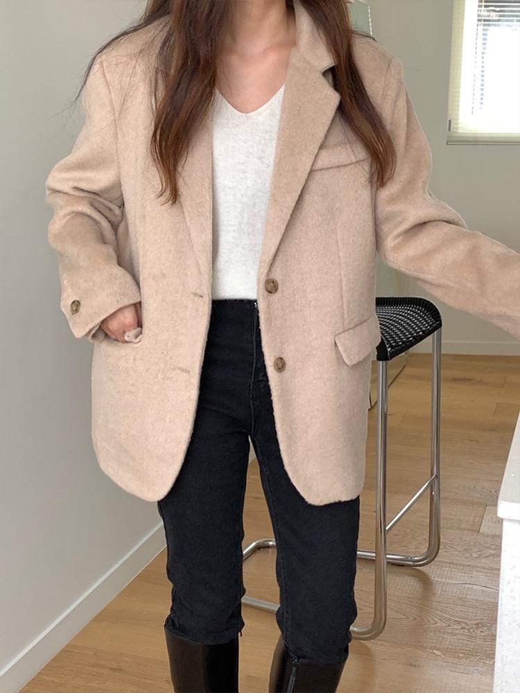 고급 모헤어 블레이저 여성 겨울자켓 오버핏 우먼 자켓 보이핏 모직재킷 여자 울자켓 베이지
