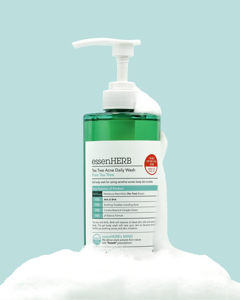 ★4/22~24후기검증★몸드름+등드름 바디워시/에센허브 티트리 아크네 데일리워시 500ml(비건인증 바디워시/여드름피부 사용 적합)