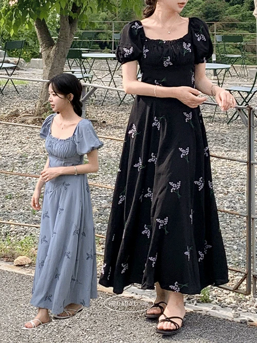 [휴양지룩🏝/바캉스룩🏖] 라온 여름 휴양지 바캉스 반팔 스퀘어넥 퍼프 셔링 밴딩 롱 원피스 (휴양지원피스/바캉스원피스/스퀘어넥원피스/휴가룩/여행룩/플라워롱원피스/퍼프반팔원피스)