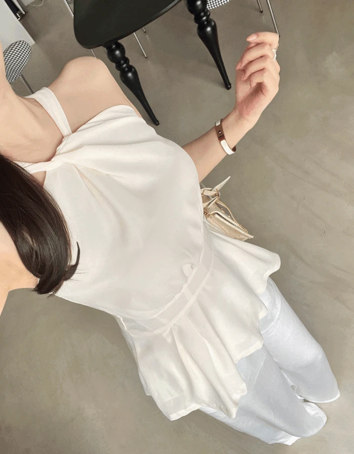 쉬어 쉬폰 홀터 허리 핀턱 리본 블라우스 (2col)