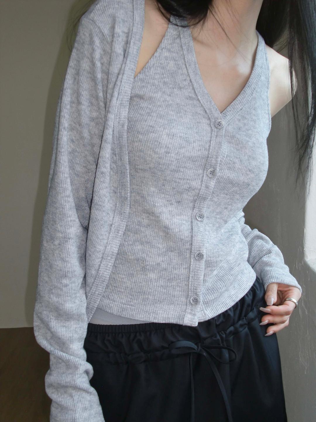 WOOL SLEEVELESS CARDIGAN SET_GRAY