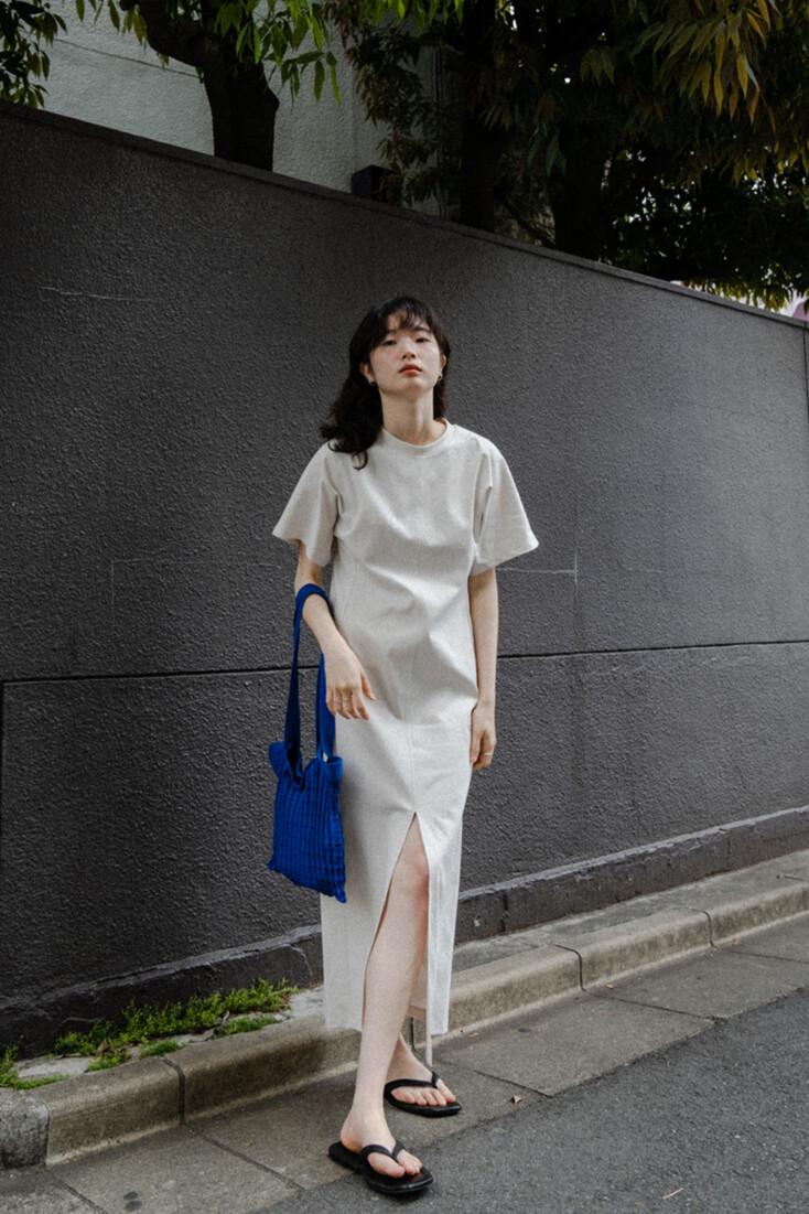 CREAM SLIT JERSEY DRESS