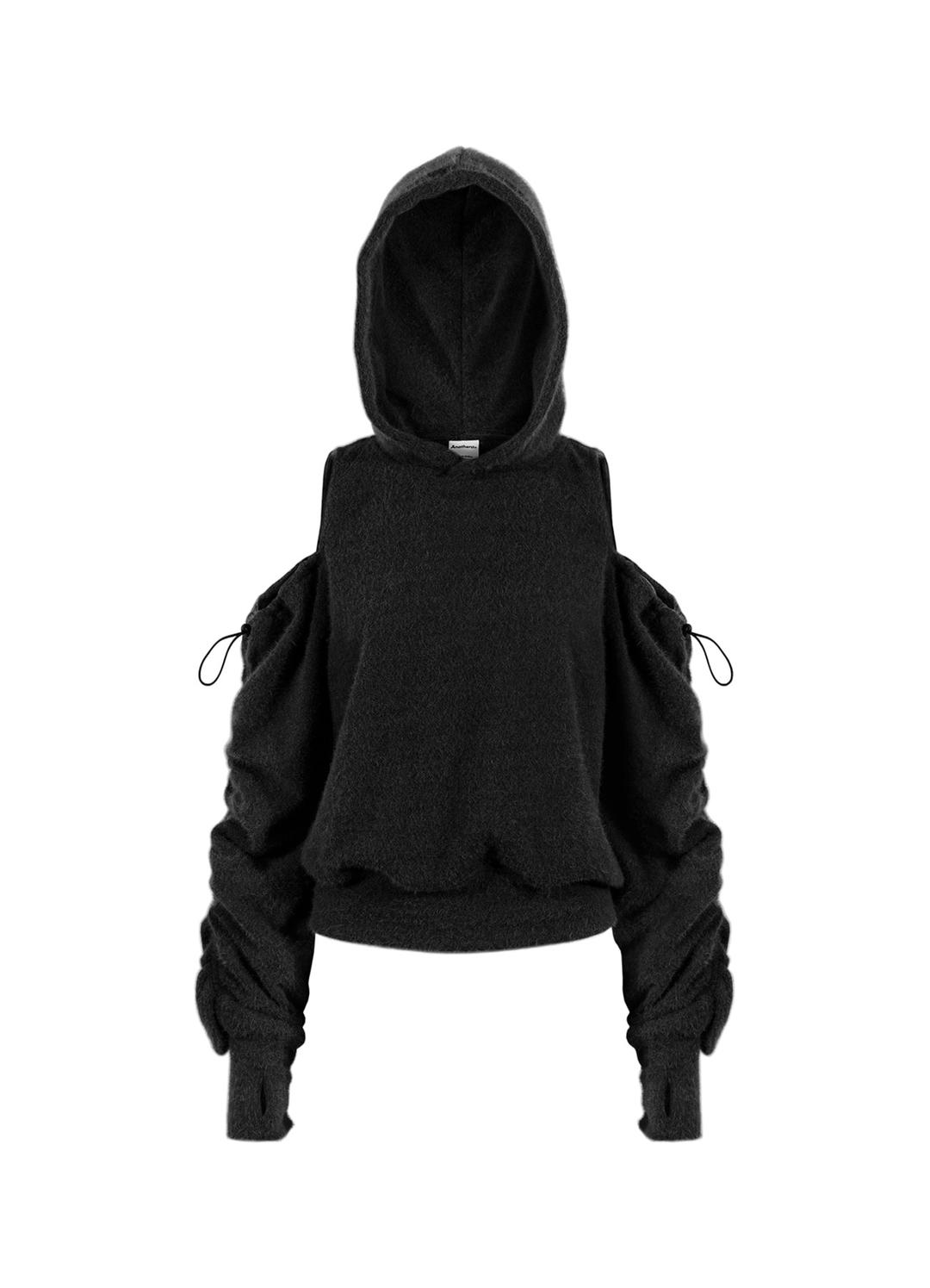 CUT OUT OFF SHOULDER ANGORA HOODIE _Black