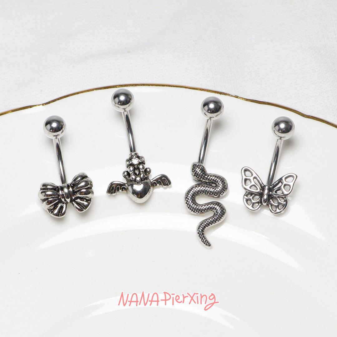 엔틱 스타일 배꼽 피어싱 1.6mm-4type (길이변경 가능), 리본, 하트윙, 뱀, 투각나비