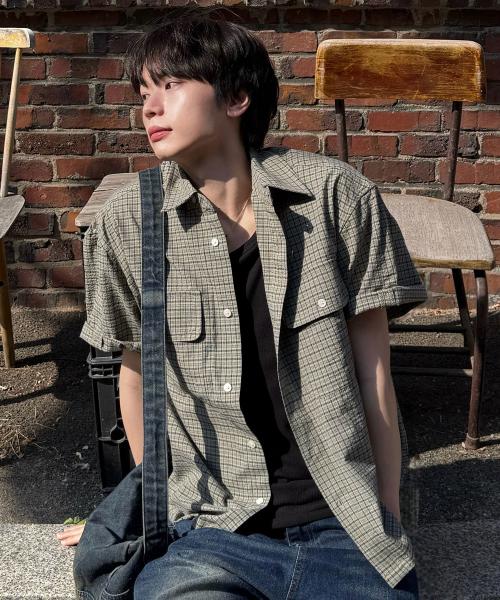 [크롭] 롤업 체크 크롭 반팔 셔츠_그린 [나시 선택]