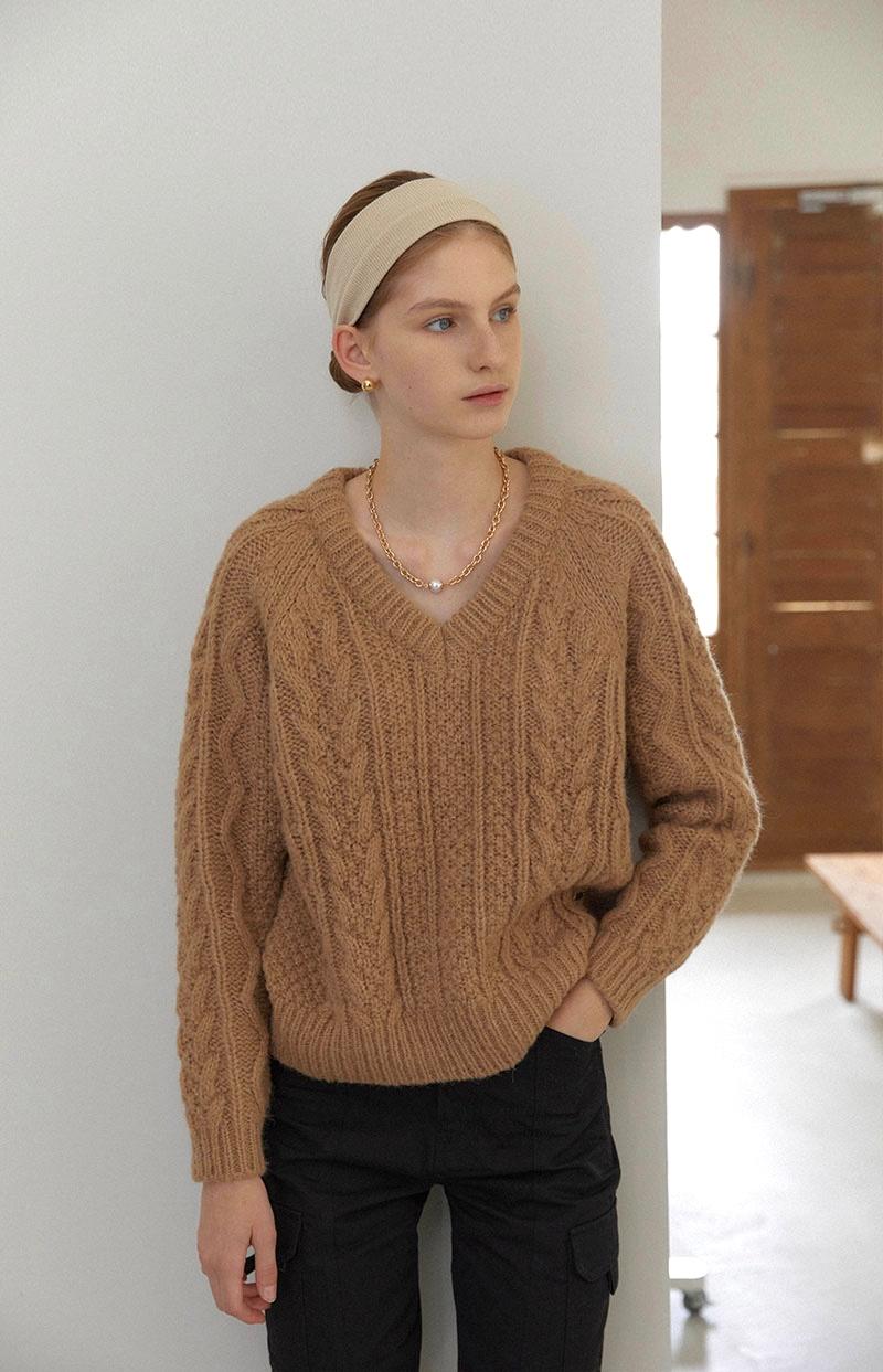 Lueur V neck Alpaca Knit - Camel