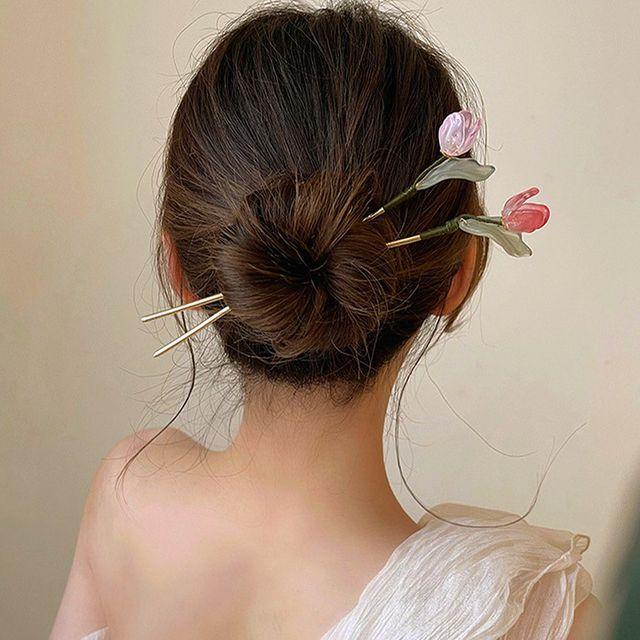 [당일출고/2개할인] 플라워 튤립 메탈 진주 헤어 비녀 올림머리 꽃 진주