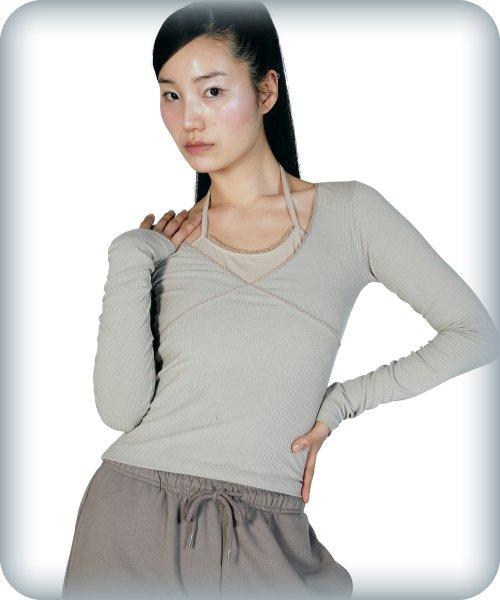 LACE TRIM HALTER TOP [BEIGE]