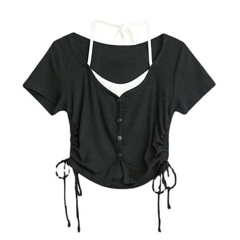 메이리앤 옆셔링 홀터넥 페이크 나시 레이어드 크롭 반팔 티셔츠 - 티셔츠 | 쿠팡