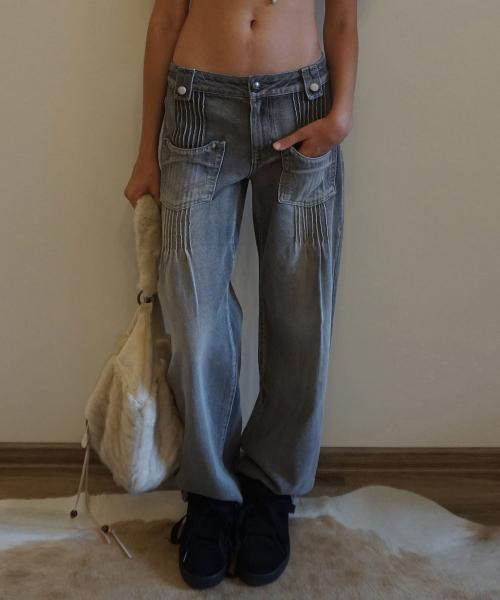 Pintuck Pocket Denim Pants Washed Gray