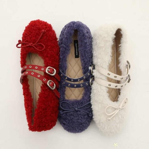 Moromoro sheep curls warm fleece double buckle bow flat ballet shoes