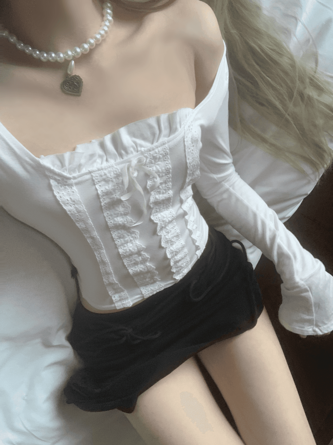 Poroa Square Neck Frill Lace Top (white)