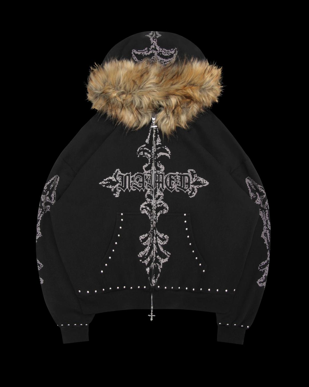 FERAL FAUX FUR STUDDED ZIP HOODIE BLACK - XS