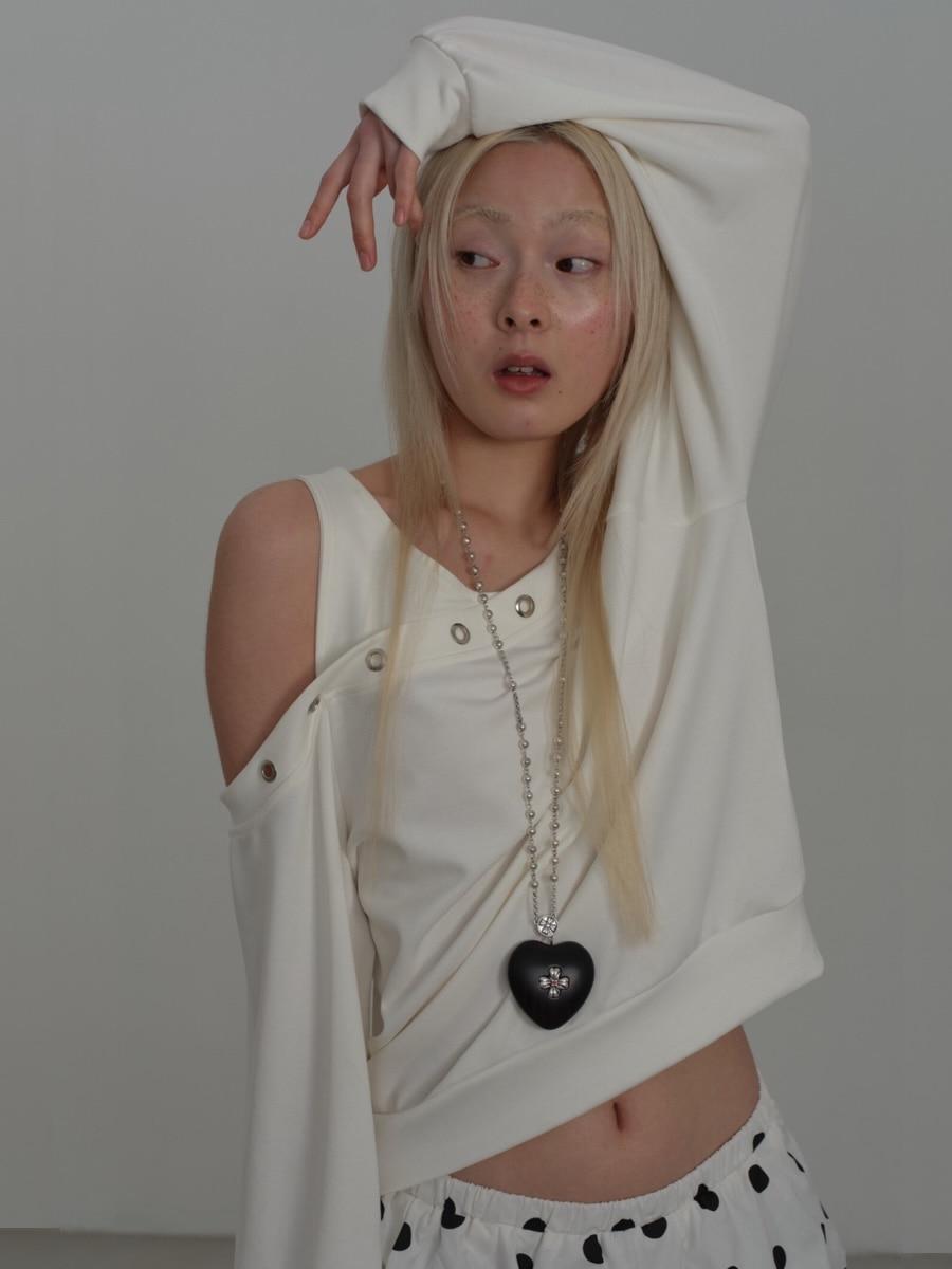 Eyelet One Shoulder Sweatshirt (3color)