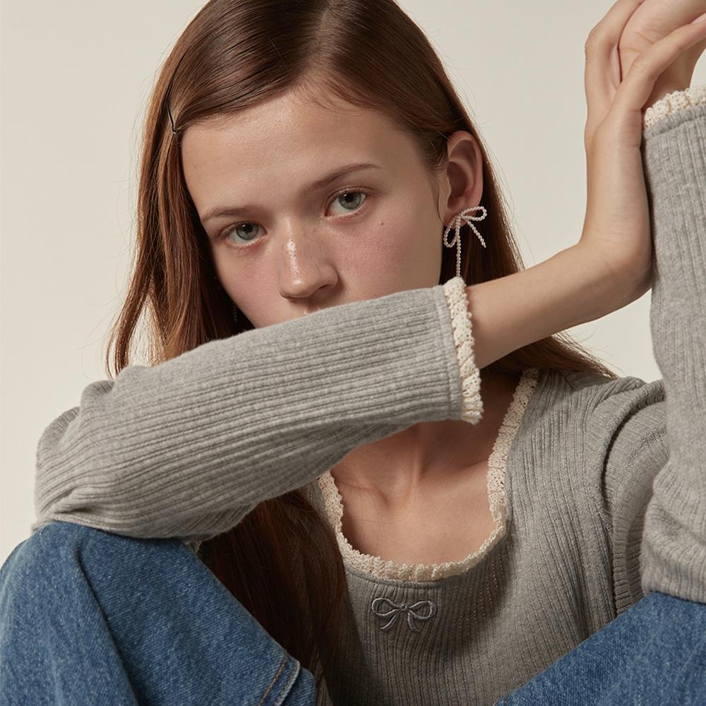 Ribbon point square neck top - Melange Gray