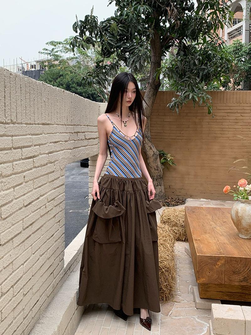 Striped Sleeveless Connect Multi Pocket Long Dress