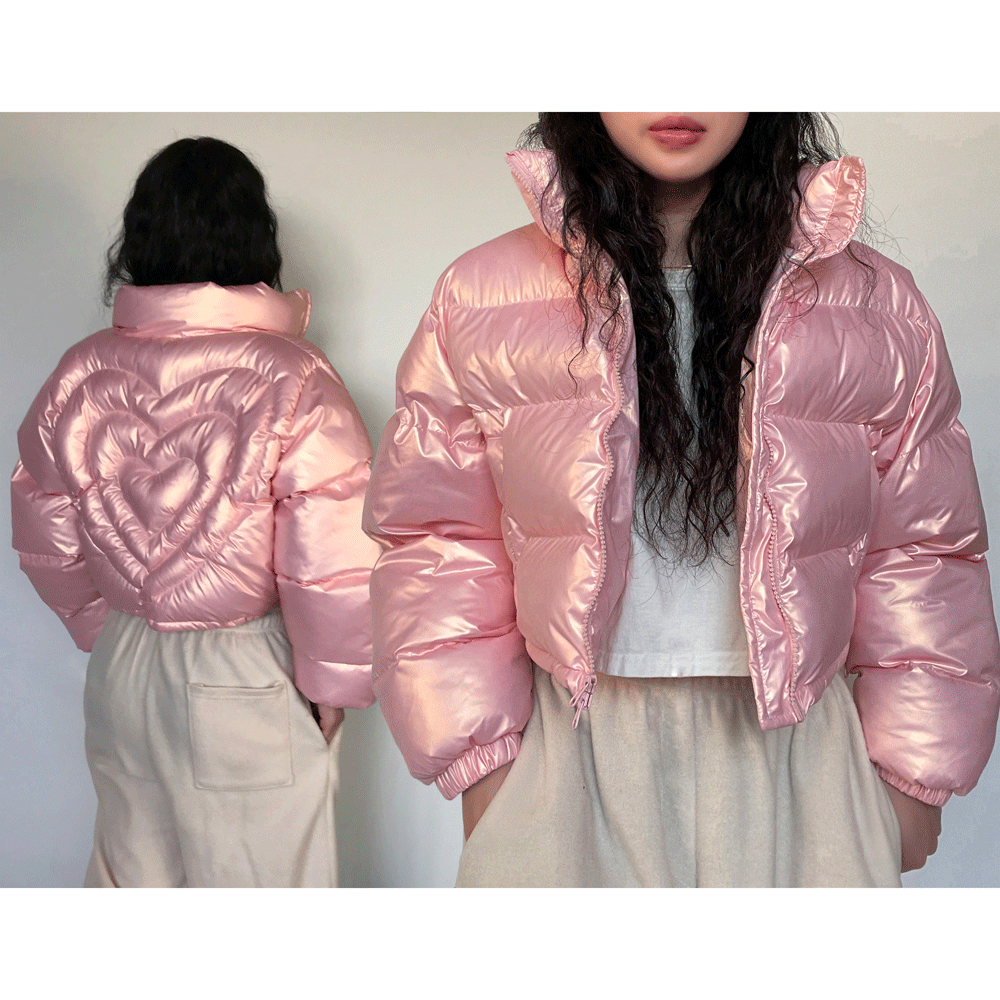 하트 글로시 유광 크롭 숏 패딩