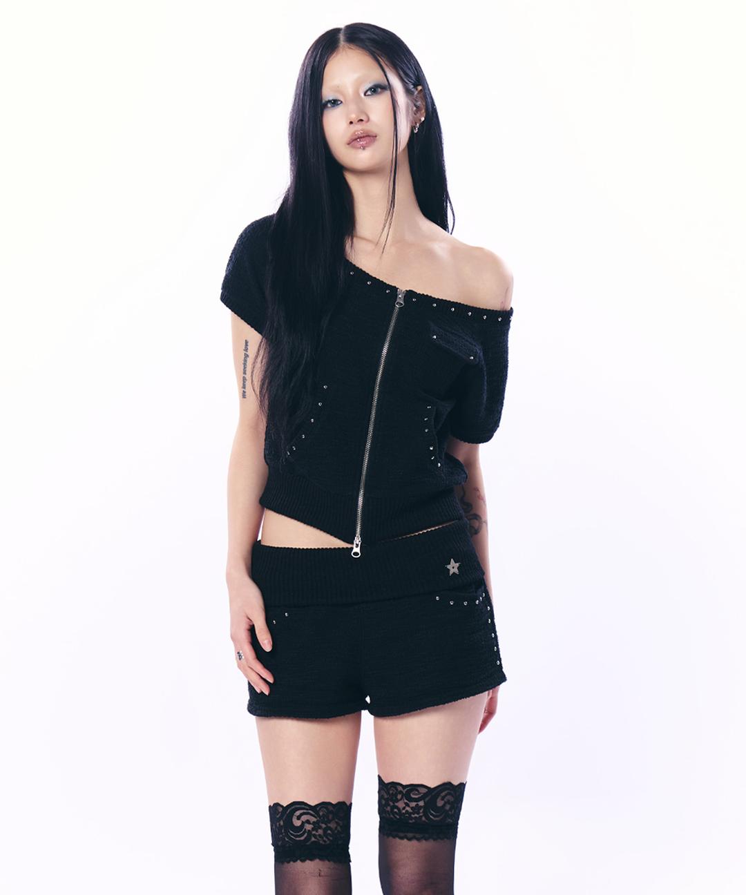 WIDE-NECK SHORT SLEEVE ZIP-UP / BLACK