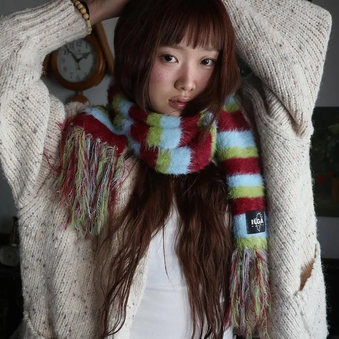 Striped Hairy Bold Muffler (Burgundy)