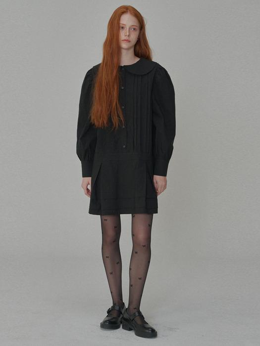 Round Collar Pin-tuck Mini Dress_Black